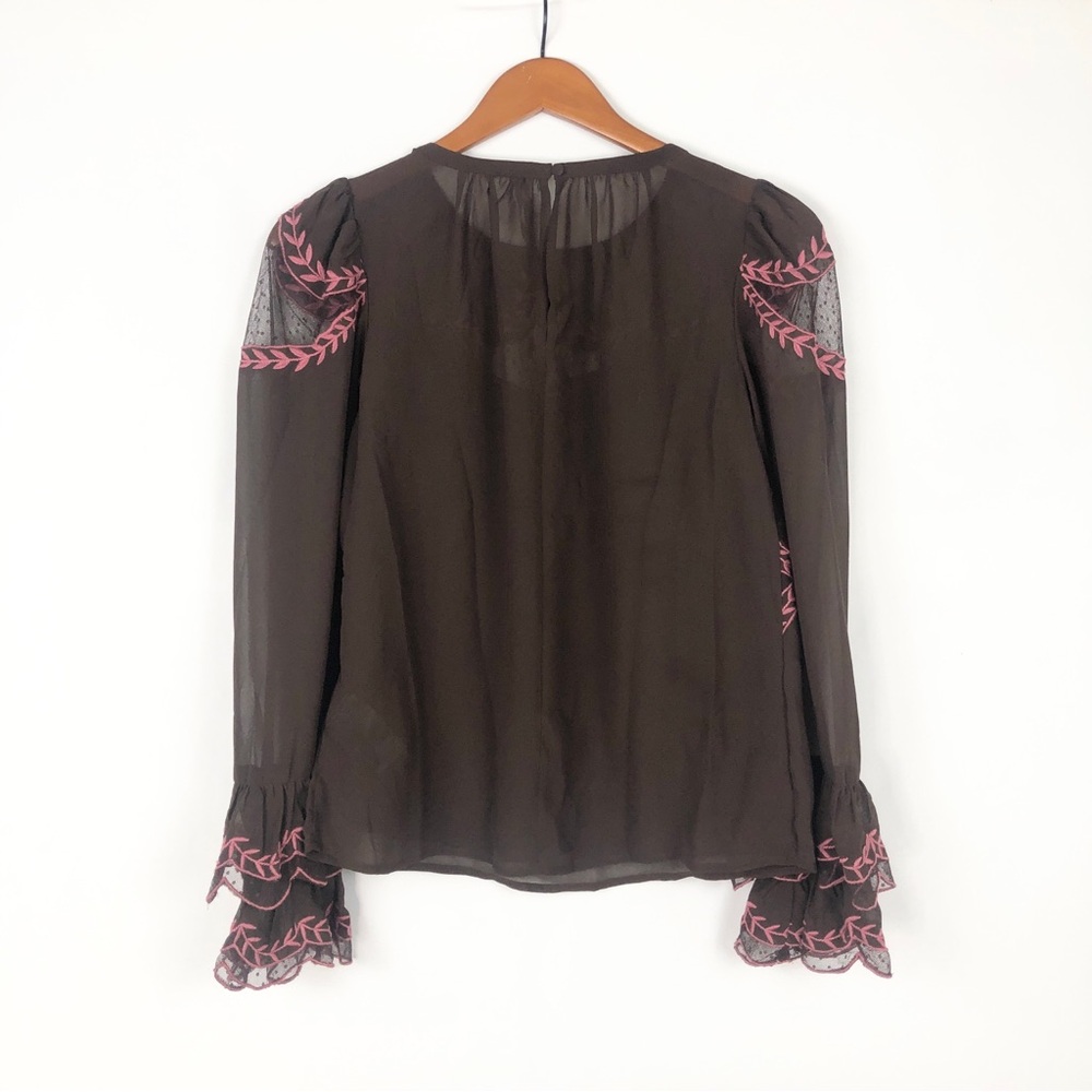 NEW By Anthropologie Long Sleeve Appliqué Blouse‎ Brown Size XXS Embroidered - Picture 4 of 8